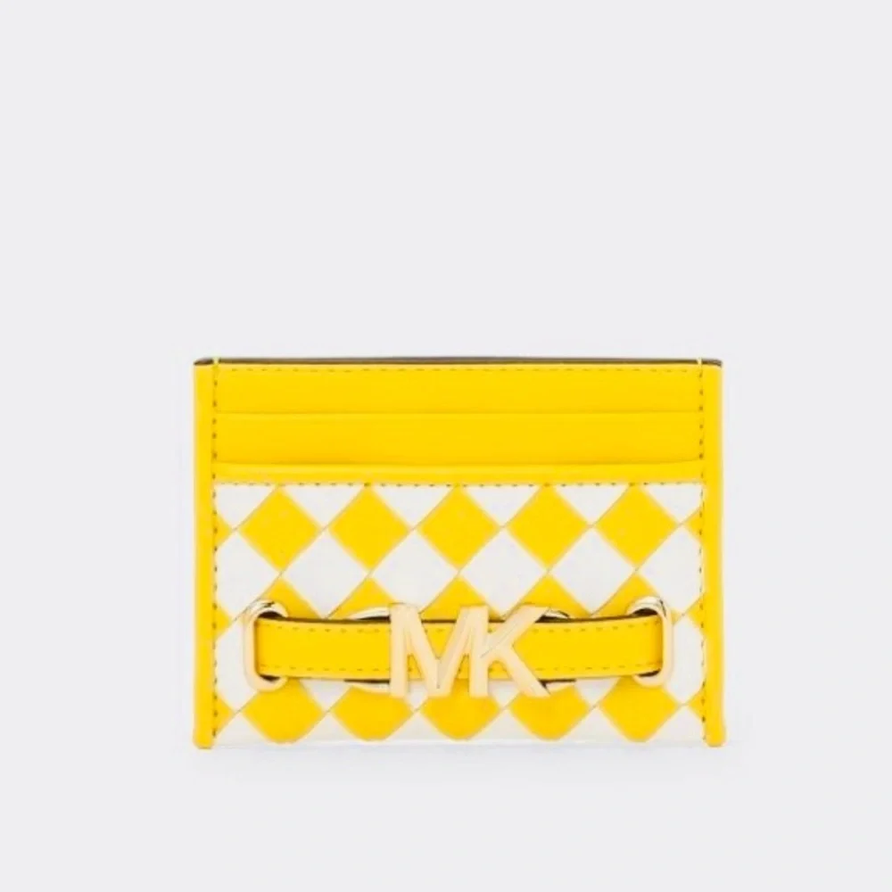 $258 NWOT Michael Kors Reed Yellow White Woven Leather Card Holder Mini Wallet